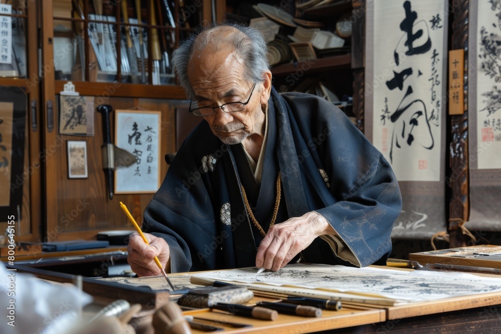 A Japanese calligrapher in traditional attire carefully paints characters, showcasing cultural art in an authentic setting A Japanese calligrapher in traditional attire carefully paints characters, showcasing cultural art in an authentic setting