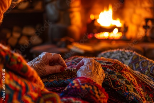 Warm, cozy scene of a senior’s hands knitting a colorful blanket by a fireplace, evoking feelings of comfort and tradition