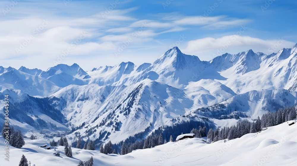 panoramic view of the alps in winter with snow and blue sky