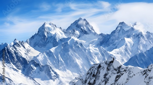 Panoramic view of the snowy peaks of the Caucasus Mountains.