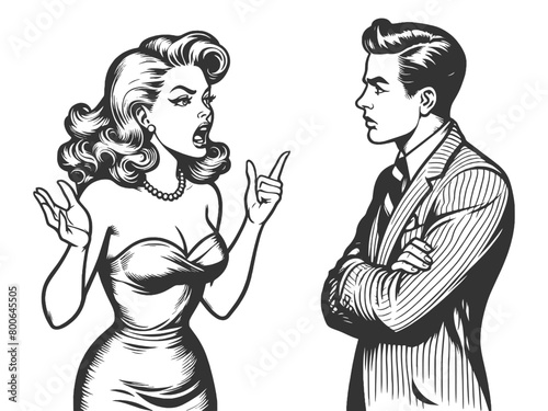Family couple in the midst of an argument, with expressive body language sketch engraving generative ai fictional character vector illustration. Scratch board imitation. Black and white image.