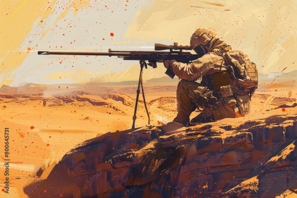Fototapeta premium A soldier with a machine gun standing on a desert landscape. Suitable for military or war-related concepts