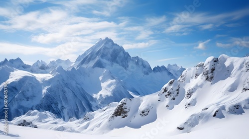 Panoramic view of snow covered mountains in the French Alps. © I