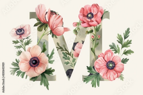 Watercolor flowers decorating the letter M, perfect for design projects photo