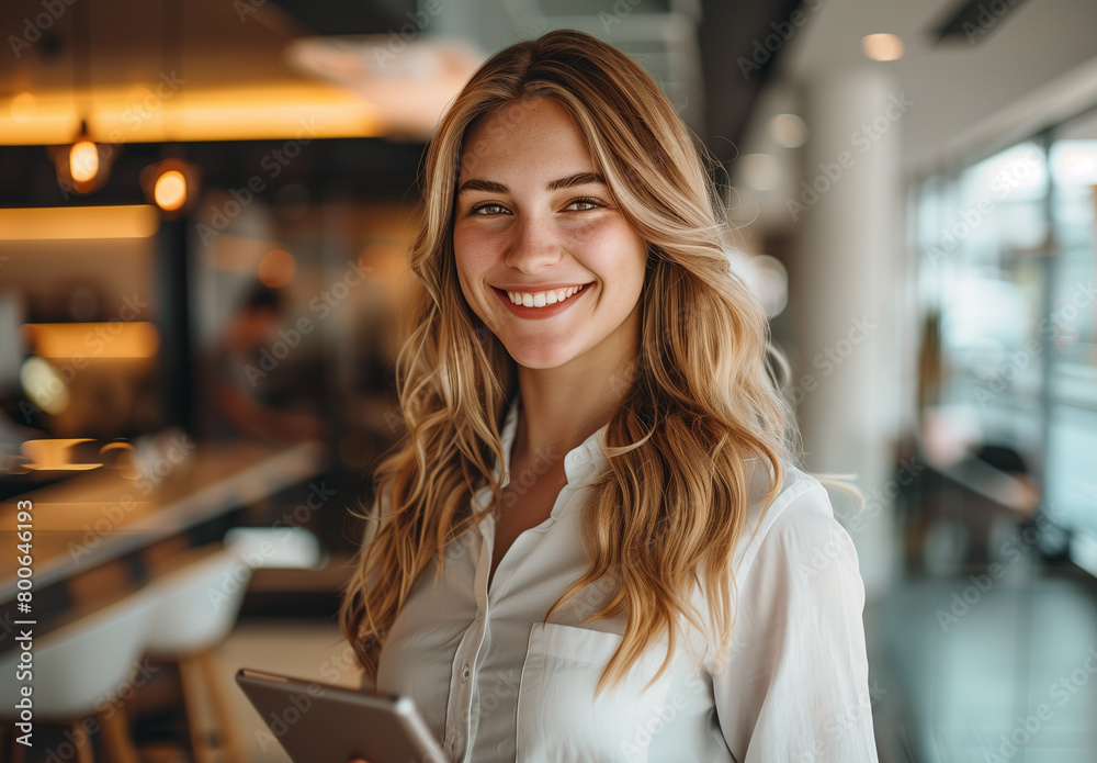 portrait of a beautiful business woman with a tablet in hand smiling standing near a desk at the office. portrait of a beautiful business woman with a tablet in hand smiling standing near a desk at the office.