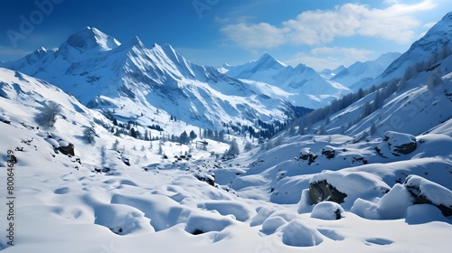 Beautiful winter panorama with snow-capped mountains and blue sky