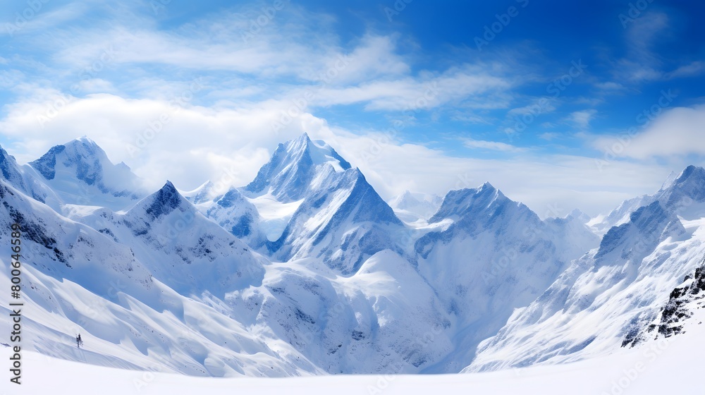 panoramic view of snow covered mountains and blue sky with clouds