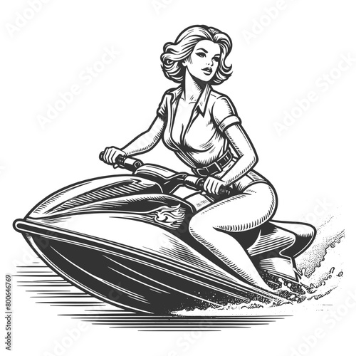 woman enjoying a ride on a jet ski, splashing through water, in black and white sketch engraving generative ai fictional character vector illustration. Scratch board imitation. Black and white image.