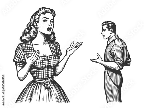 Family couple in the midst of an argument, with expressive body language sketch engraving generative ai fictional character vector illustration. Scratch board imitation. Black and white image.
