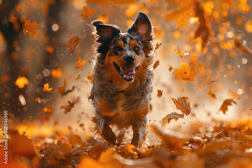 dog joyfully runs through a pile of autumn leaves, kicking them up into the air as it playfully frolics in the foliage.
