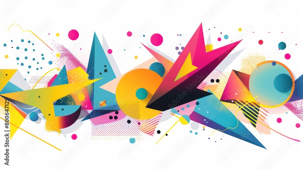 colorful 3d polygon geometric shapes, lines, dots on white background
