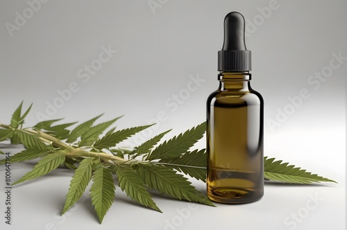 A bottle of CBD hemp oil sits next to a branch of cannabis leaves on white background. CBD hemp oil.