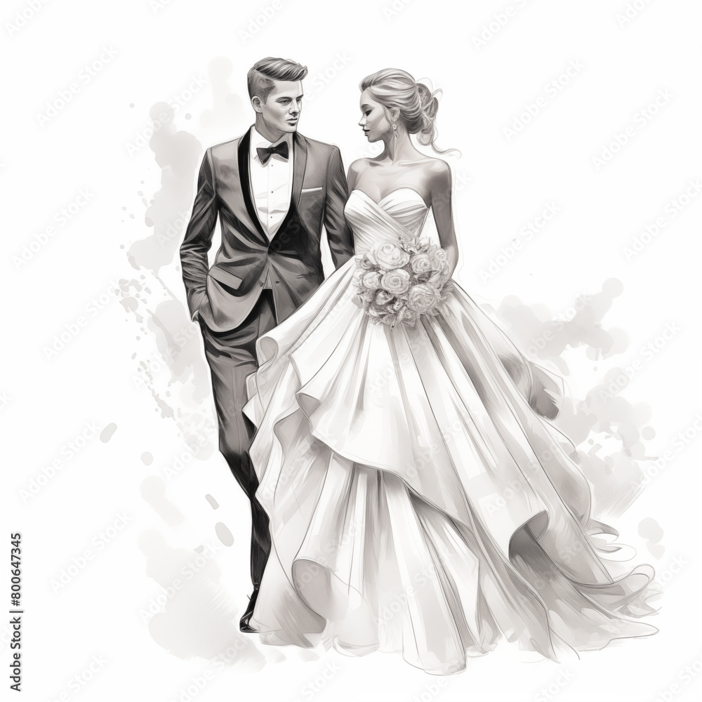 illustration of a newlywed couple in black and white colours, style of drawing watercolor.
illustration of a newlywed couple in black and white colours, style of drawing watercolor.