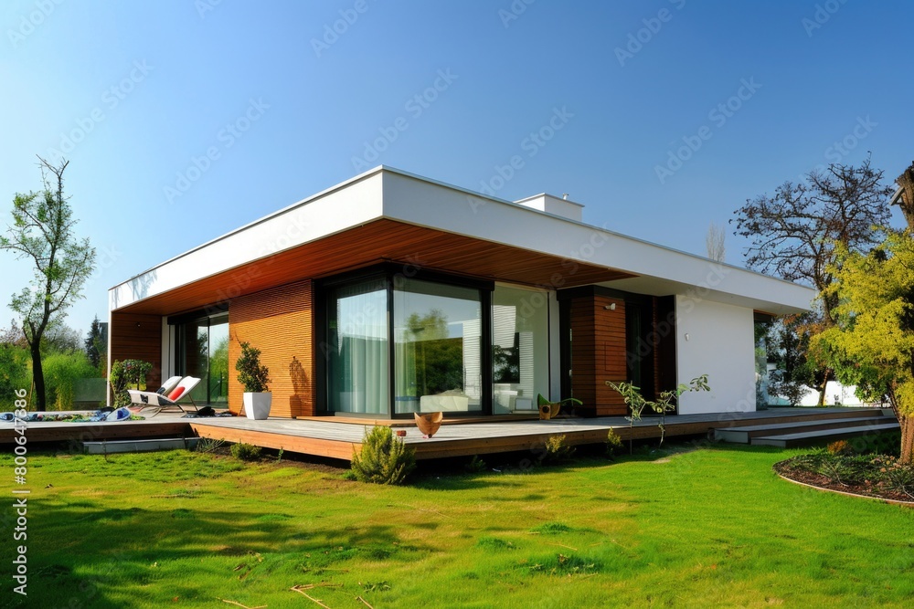 A contemporary house with outdoor deck and patio. Suitable for real estate or architectural designs