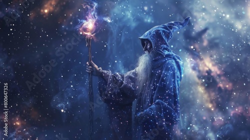 A wizard in a starry robe holding a staff topped with a glowing crystal and gazing up at the night sky tapping into the celestial . . photo