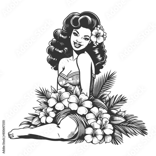 Pin-up girl woman smiling, holding Hawaii flower bouquet, channeling 1950s charm sketch engraving generative ai fictional character vector illustration. Scratch board imitation. Black and white image.