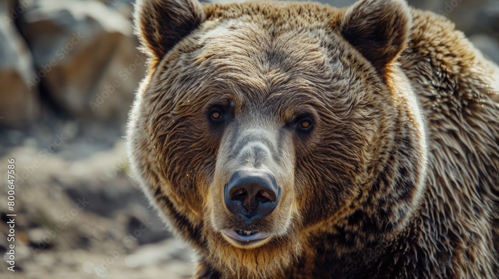 Close-up of a bear's face with rocks in the background. Suitable for wildlife and nature themes