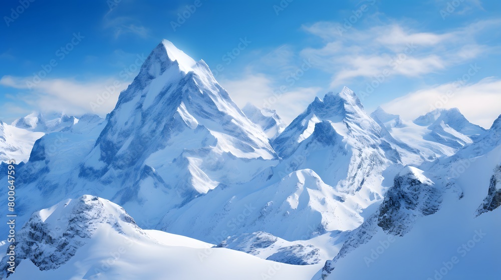 Mountain landscape with snow and clear blue sky. Panoramic view.