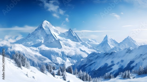 Beautiful winter panorama with snowy mountains and blue sky with clouds