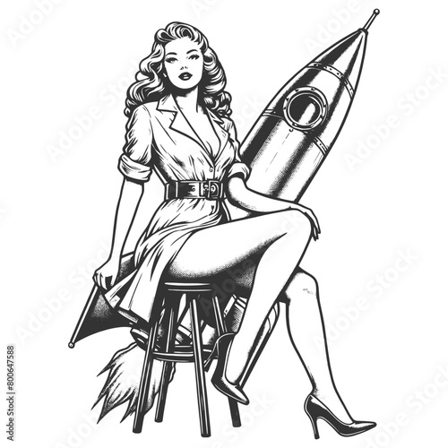 retro pin-up girl with wavy hair, confidently riding a classic rocket sketch engraving generative ai fictional character vector illustration. Scratch board imitation. Black and white image.