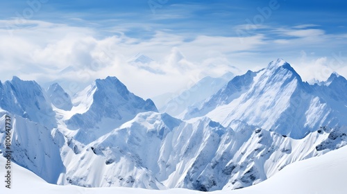 Panoramic view of snowy mountains and blue sky with clouds.