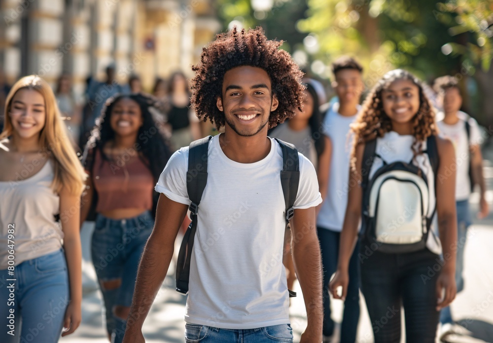 Obraz premium a group of smiling young people walk down the street with diverse ethnicities and backgrounds all carry backpacks on their backs as they walk toward the camera with smiles on their faces