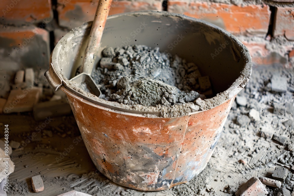 A bucket filled with cement next to a brick wall. Perfect for construction projects A bucket filled with cement next to a brick wall. Perfect for construction projects