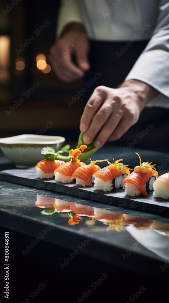 person is skillfully preparing sushi on a tabletop.