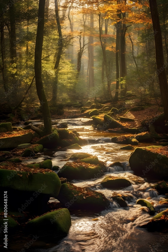 Stream in the autumn forest. Panoramic view. Nature composition.