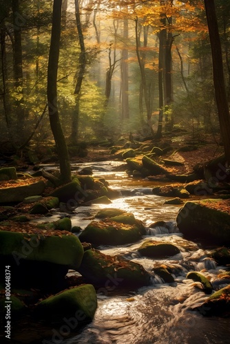 Stream in the autumn forest. Panoramic view. Nature composition.