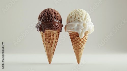 Two ice cream cones side by side. Suitable for summer themes