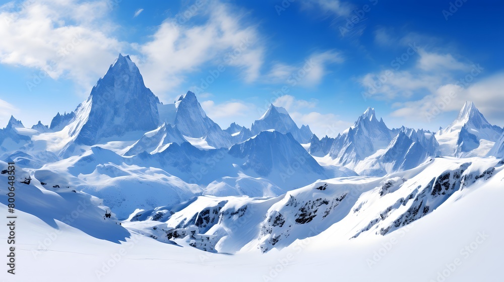 Snowy mountains panorama in a beautiful day, 3d illustration
