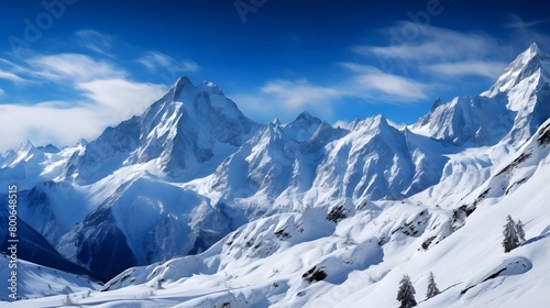 panoramic view of snow covered alpine peaks in the Swiss Alps