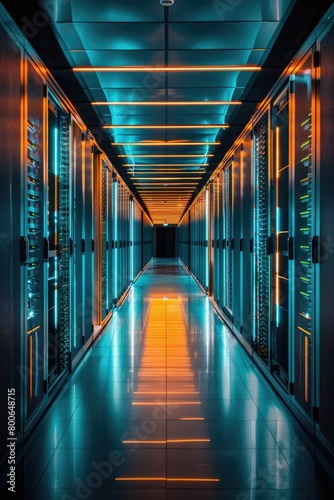 A long hallway filled with rows of servers. Ideal for technology or data center concepts photo