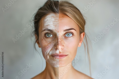 Signs of aging reflect Bunny line and aging interventions, with premature aging treatments hydrating young skin and splitting aging perceptions in skincare. photo