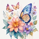butterfly on flower; watercolor illustration of flowers and butterflies; isolated