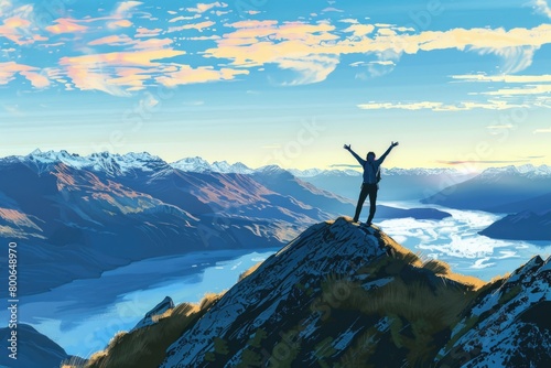 Person celebrating success on mountain peak. Suitable for motivational content