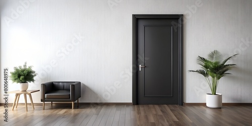 A minimalist modern home interior with a closed black door, an elegant black armchair, and green potted plants against a white wall