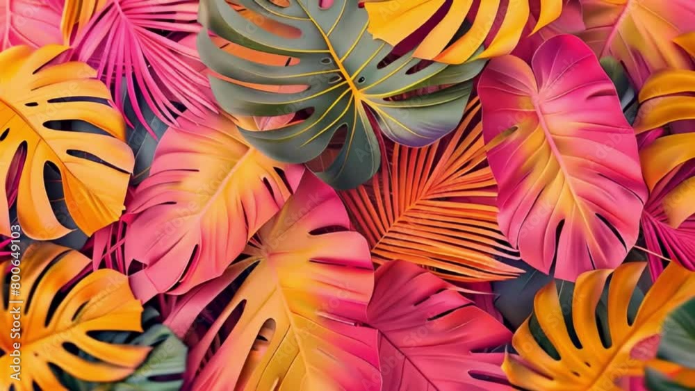 trendy summer Bali style floral patter background , colorful leaves palm shape art video wallpaper. Summer colors botanical tropical leaves ,sun light and shadows, pink, yellow lea