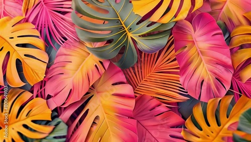trendy summer Bali style floral patter background , colorful leaves palm shape art video wallpaper. Summer colors botanical tropical leaves ,sun light and shadows, pink, yellow lea photo