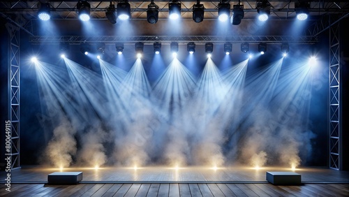 An atmospheric, empty stage set for a performance, illuminated with stage lights and atmospheric smoke creating a moody and dramatic effect