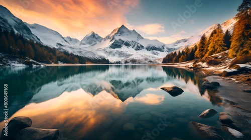 Mountain lake with reflection of snow-capped peaks at sunrise