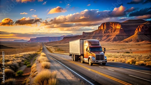 A picturesque scene capturing a semi-truck traveling along a highway flanked by desert landscape and majestic cliffs under a vibrant sunset sky photo