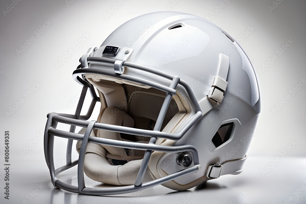 Fototapeta premium A sleek and professional white football helmet with a detailed design showcased on a neutral grey background emphasizing the product's features