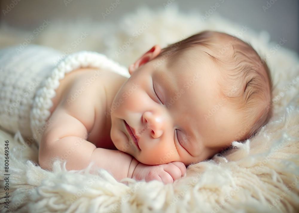 This serene image captures a peacefully sleeping newborn baby wrapped in a cozy white blanket with soft textures surrounding This serene image captures a peacefully sleeping newborn baby wrapped in a cozy white blanket with soft textures surrounding