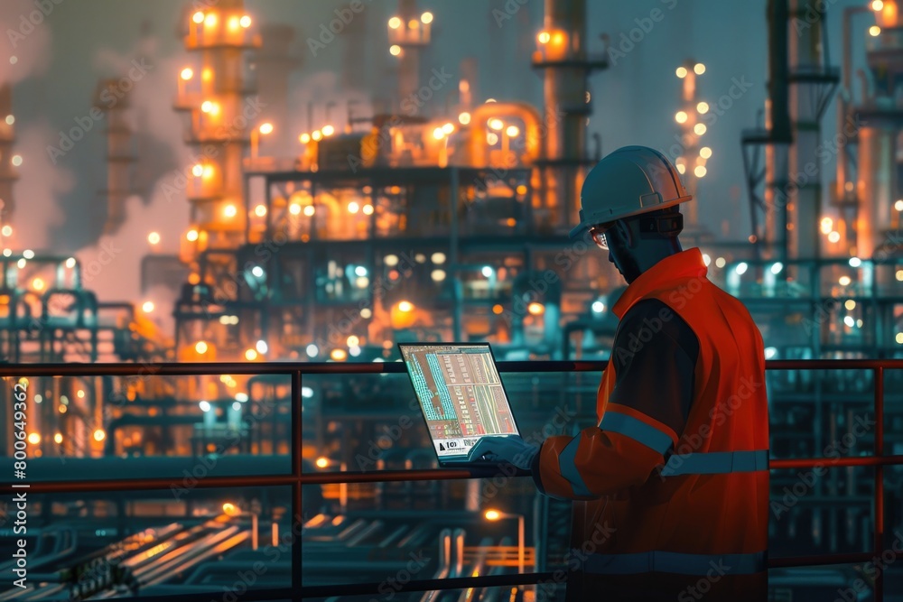 A man in an orange vest using a laptop. Suitable for technology concepts