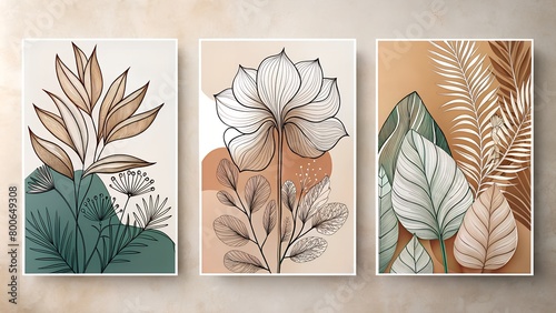 Trio of framed botanical illustrations featuring stylized plant and flower designs, presented in soft, pastel color schemes for a calming visual effect
