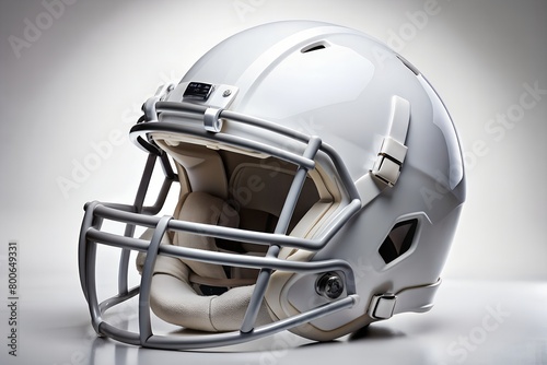 A sleek and professional white football helmet with a detailed design showcased on a neutral grey background emphasizing the product's features