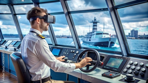 A ship captain in uniform uses virtual reality glasses at the helm inside a modern ship simulator for training