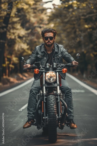 A man riding on the back of a motorcycle down a road. Suitable for travel and transportation concepts